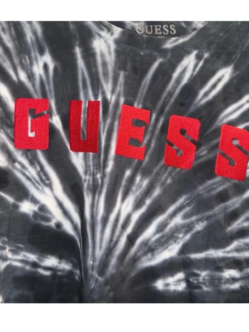 GUESS Black & White Tie-Dye Logo Tee with Red Chenille Letters - Picture 3 of 4